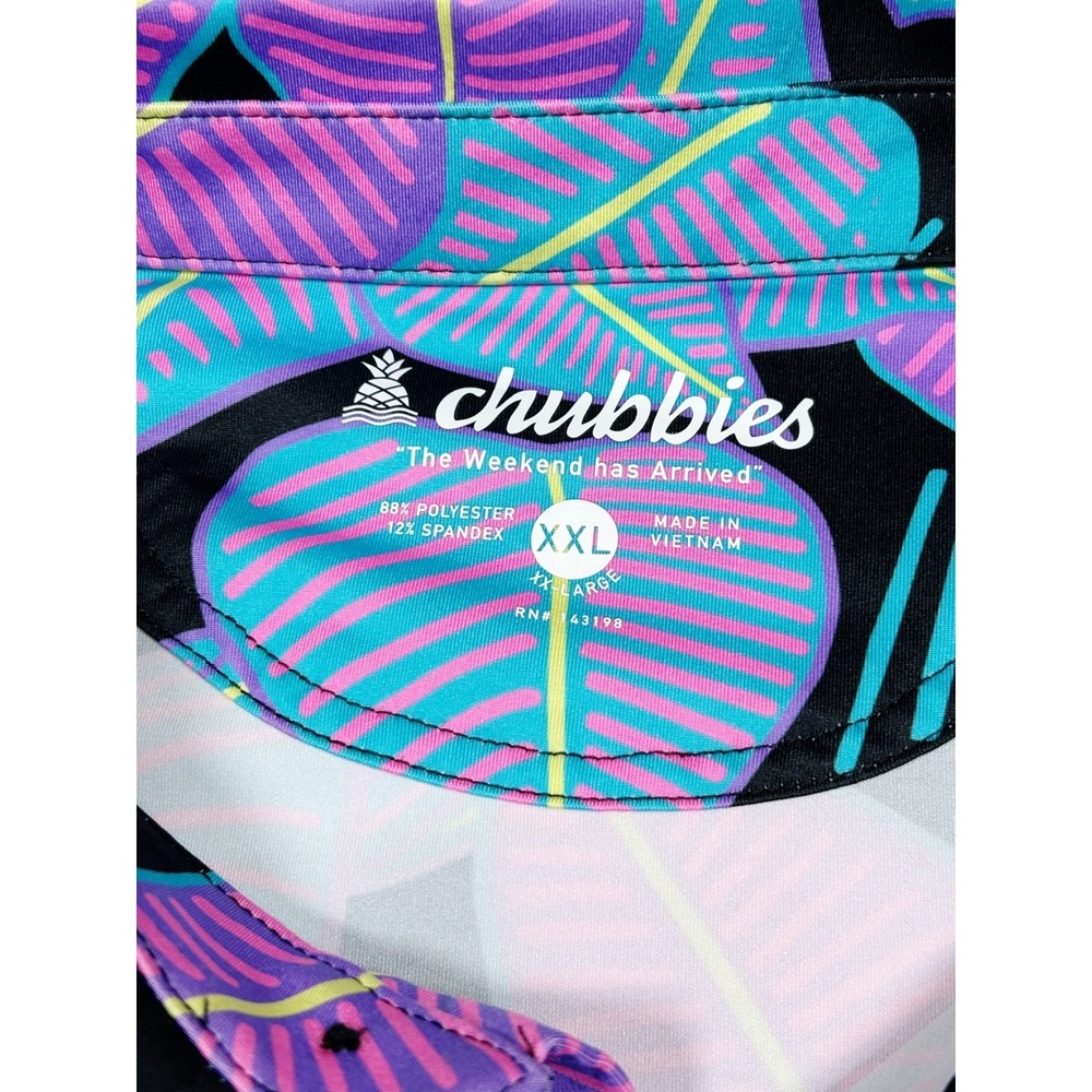 Chubbies Mens XXL Performance Polo Shirt Neon Tropical Leaf Print Black Purple - Picture 4 of 8